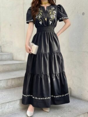 فستان كاجورال مريح الشاطئ و العطلات بخصر مشدود وتطريز