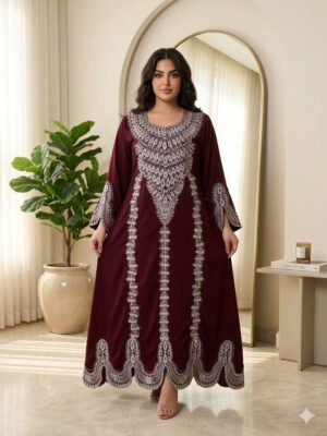 جلابية كويتية فاخرة - لون عنابي بتطريز ملكي أنيق